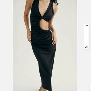 ZARA Black Knit Maxi Dress - Waist Cut-Out & Ruched Detail - Size L (Fits M)